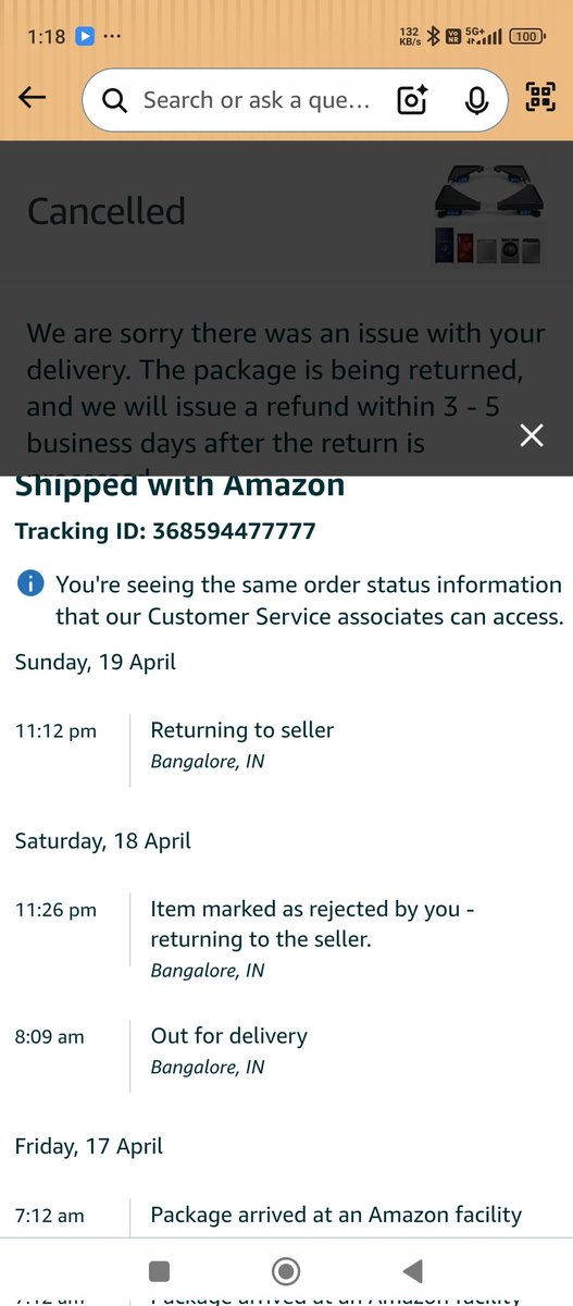 Sheethal_26's tweet photo. Amazon marked my order as “delivery rejected by customer” without even attempting delivery. I never refused it there was no delivery attempt at all. This is unacceptable. Customers deserve transparency and accountability, not false status updates. @amazonIN @amazonhelp https://t.co/BgaHXA9T6O