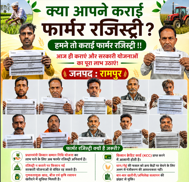RampurDm's tweet photo. क्या आपने कराई फार्मर रजिस्ट्री?  

आज ही कराएं और सरकारी योजनाओं का पूरा लाभ उठाएं! 

 फार्मर रजिस्ट्री क्यों है जरूरी?  
👉 प्रधानमंत्री किसान सम्मान निधि योजना का लाभ पाने के लिए अब फार्मर रजिस्ट्री अनिवार्य है। 
👉 रजिस्ट्री न कराने पर किसान नई सरकारी योजनाओं से वंचित रह सकते हैं। 
👉 गुणवत्तायुक्त खाद, बीज एवं कृषि रसायन खरीदने में सुविधा मिलती है। 
👉 किसान क्रेडिट कार्ड (KCC) प्राप्त करने में आसानी होती है। 👉 धान/गेहूं की फसल को क्रय केंद्रों पर बेचने के लिए अलग से पंजीकरण की आवश्यकता नहीं। 
👉 बार-बार खतौनी/अभिलेख सत्यापन की झंझट से मुक्ति।
@KisanKalyanUP @upagriculture