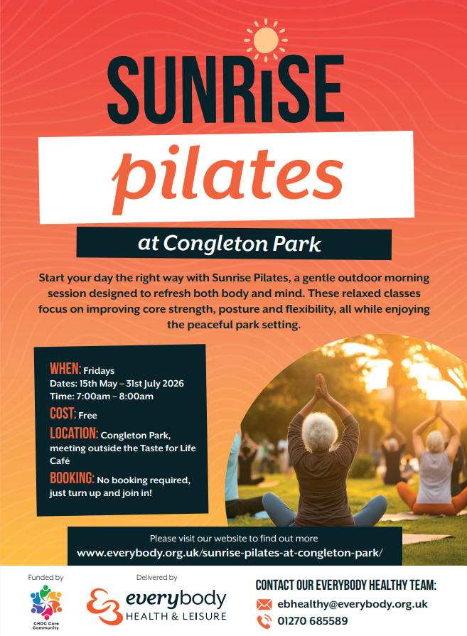 HealthwatchCE's tweet photo. Free outdoor Pilates at Congleton Park this summer!☀️
Every Friday, 7–8 am | 15 May – 31 July 2026 

No booking. No cost. Just turn up outside the Taste for Life Café and join in.

👉 https://t.co/vKOWQNryeh

#SunrisePilates #FreeFitness #Cheshire #OutdoorWellbeing https://t.co/ZkrBylawpG
