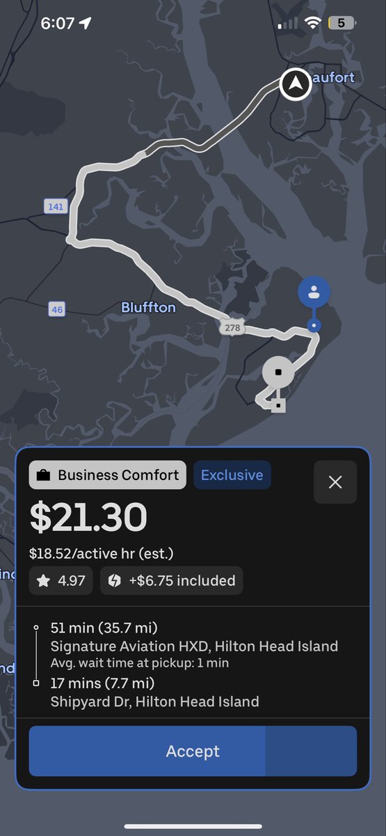 RidesFive's tweet photo. Should I take this one?

68 minutes &amp; 45 miles + at least another 10 at the private airport for 21.30 with a $6.75 surge. https://t.co/LAsOlAnkL2