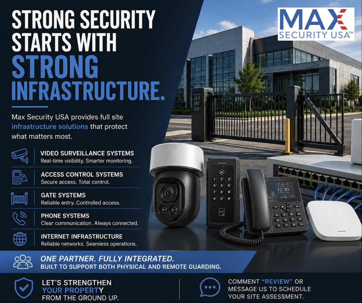 MaxSecurityUSA's tweet photo. If your cameras don’t cover the right angles, your gates fail at peak hours, or your network can’t support real-time monitoring, you’re already exposed.

Ready to identify vulnerabilities on your property?

Comment “REVIEW” or send a message to schedule a site assessment. https://t.co/S9O94DEHAy