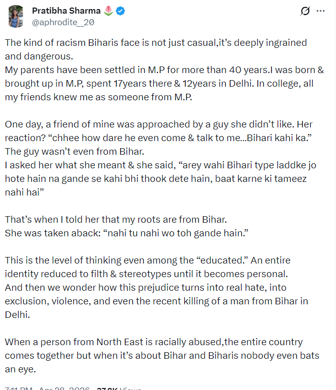 Stories of innocent Biharis facing racism.

x.com/aphrodite__20/…

<a href="/aphrodite__20/">Pratibha Sharma 🌷</a>