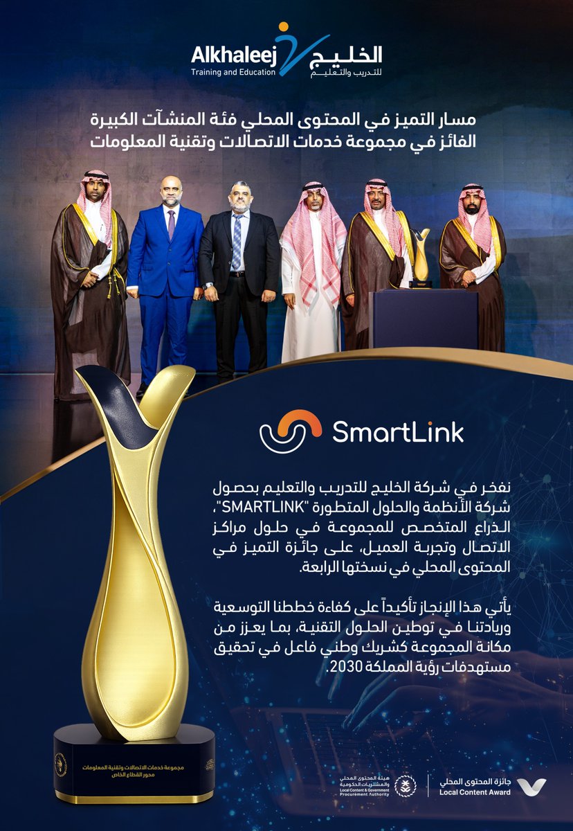 khaleejTraining's tweet photo. شركة الأنظمة والحلول المتطورة للاتصالات "SmartLink" تحصل على جائزة التميز في #المحتوى_المحلي للمنشآت الكبيرة "قطاع خدمات الاتصالات وتقنية المعلومات" ضمن محور القطاع الخاص، في النسخة الرابعة من #جائزة_المحتوى_المحلي.
@smartlinkbpo
#الخليج_للتدريب_والتعليم
#رؤية_السعودية_2030
#سمارت_لينك
#التميز_في_تجربة_العملاء
#مراكز_الاتصال