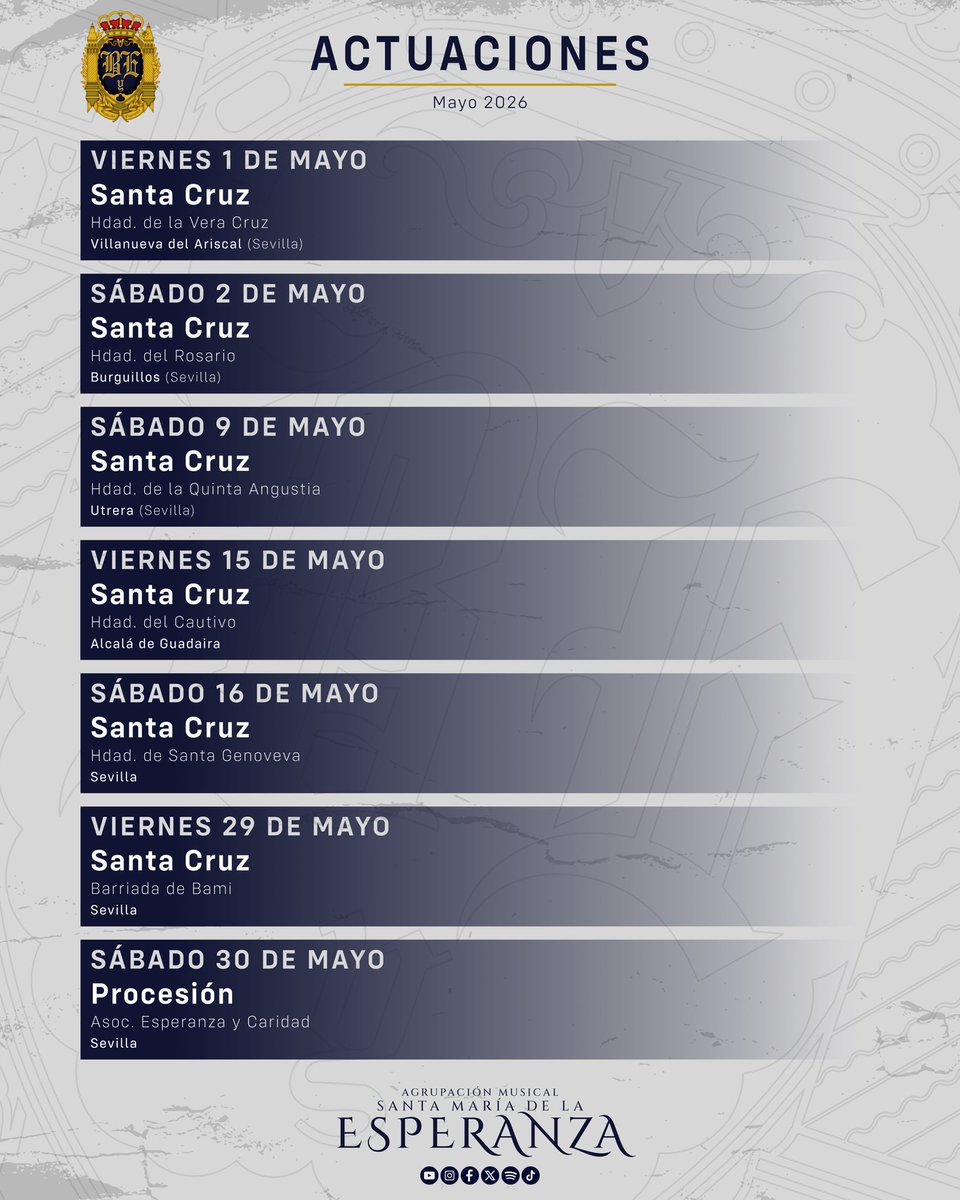 📣𝗔𝗖𝗧𝗨𝗔𝗖𝗜𝗢𝗡𝗘𝗦 𝗚𝗟𝗢𝗥𝗜𝗔𝗦 𝗠𝗔𝗬𝗢

Estas son las fechas de actuaciones de 𝗟𝗮 𝗘𝘀𝗽𝗲𝗿𝗮𝗻𝘇𝗮 para el próximo mes de Mayo.

#LlegaLaEsperanza
