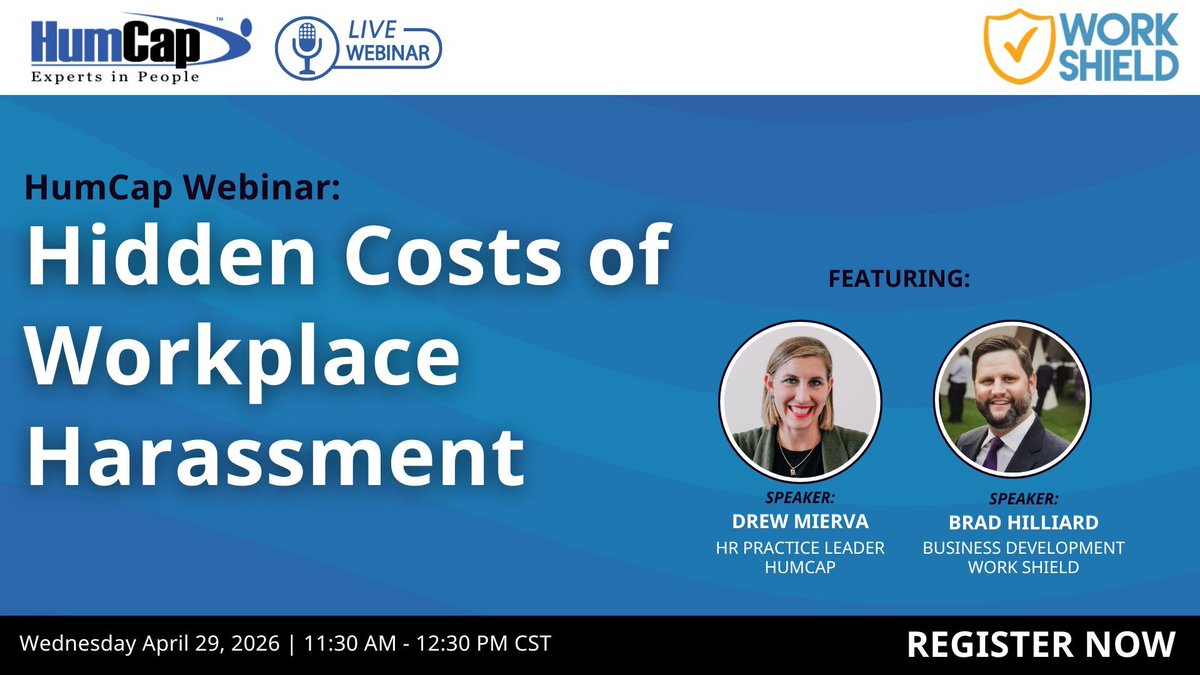HumCapLP's tweet image. Happening TODAY! Don't miss our #webinar with Work Shield as we uncover the hidden costs of #misconduct in the #workplace. Join us today at 11:30 CST to learn practical steps you can take to reduce risk, respond effectively, and protect your workplace.➡️tinyurl.com/2f7539x8