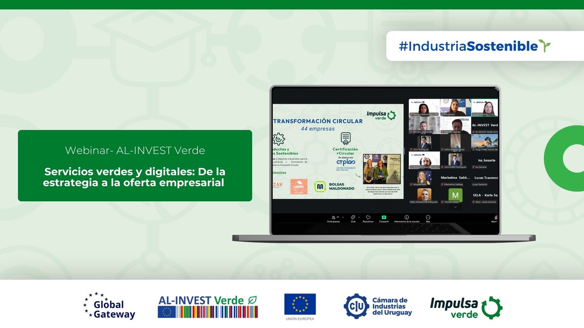 Ayer participamos en el webinar de AL-INVEST Verde 🌱

Presentamos el alcance y el impacto de Impulsa Verde en el desarrollo de servicios sostenibles para empresas industriales en Uruguay.

#IndustriaSostenible #ImpulsaIndustria #ImpulsaTE

<a href="/camindus/">Cámara de Industrias del Uruguay</a> 
<a href="/INEFOPoficial/">INEFOP</a>