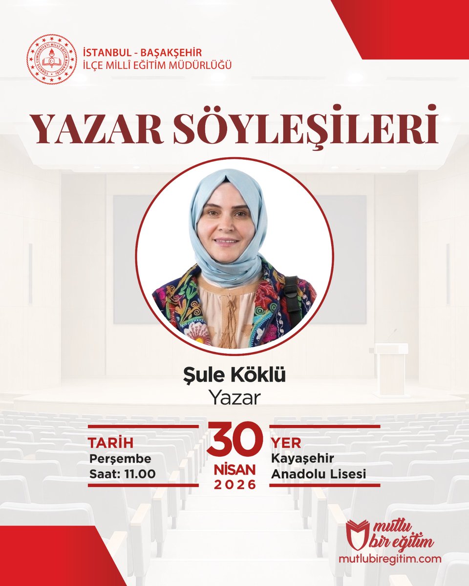 mutlubiregitim's tweet photo. Değerli yazar Şule Köklü ile lise öğrencilerimize yönelik edebi bir söyleşi gerçekleştirilecektir.

🌟 Mutlu Bir Eğitim Dergisi
https://t.co/pcBCxSKXHM

🗓️ 30 Mayıs 2026, Perşembe 
⏰ 11.00
📍 Kayaşehir Anadolu Lisesi

@ahmetcoskun6134 https://t.co/iNlYOg3jN1