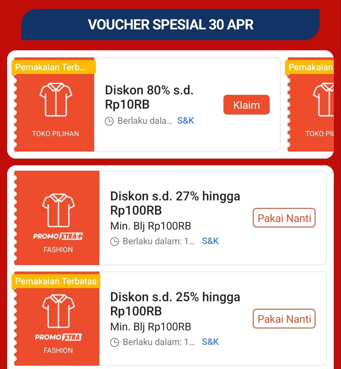chrxsaa_'s tweet photo. Shopee Super Fashion Day
🗓 30 April
⏰ 00.00 | 12.00 | 20.00

📌 Diskon hingga 80% s/d 10RB (minbel 10RB, toko/produk tertentu)
📌 Diskon 12–27% s/d 100RB (Xtra Voucher)
📌 Diskon 12–20% s/d 300RB (Shopee Mall)

Voucher sudah bisa kamu klaim di sini 👉🏻 https://t.co/tRRNZY9JWB https://t.co/BBFzDw37Wy