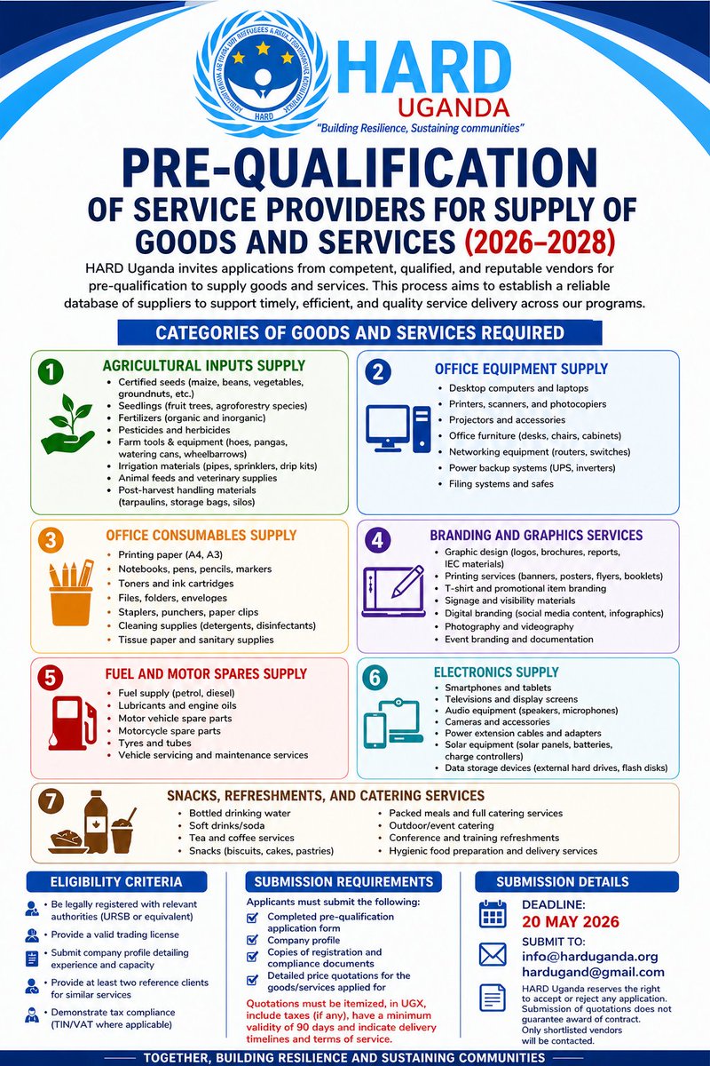 Harduganda20's tweet photo. CALL FOR PRE-QUALIFICATION OF SERVICE PROVIDERS FOR SUPPLY OF GOODS AND SERVICES. 

We are calling for qualified service providers to apply to ease our logistics and procurement strategies.

Apply before 20th May 2026
Through: info@harduganda.org 

Looking forward to have you. https://t.co/66mxFq2TxC