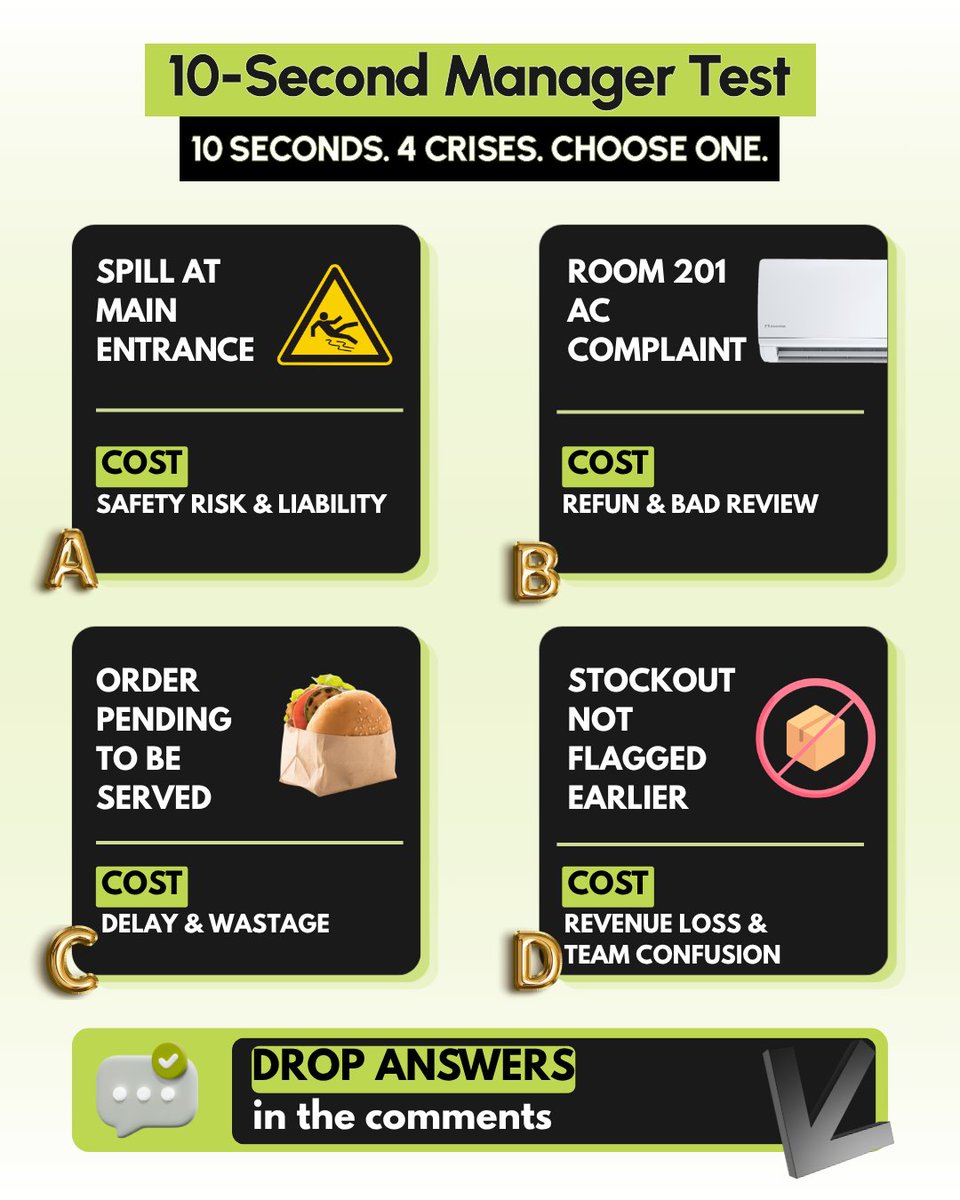 QuickComm_ae's tweet image. Every manager has a different instinct.

Some protect the customer experience first.
Some remove safety risks first.
Some fix the operational bottleneck.
Some protect revenue and team flow.

Which one would you solve first: A, B, C, or D?

#teams #priority #manager #task #cost