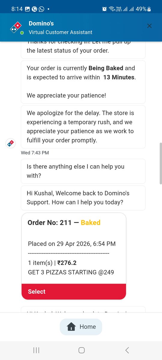 connect_Kushal's tweet photo. @dominos @dominos_india 
Pathetic service. Ordered at 6:54 p.m., my order is still being baked for 30 mins.  I want  a pizza and not a charcoal. Screenshots for references.
Order no #211 at Dominoes Shyamnagar. Calls not being received at the store. https://t.co/vHVqPsCVhd
