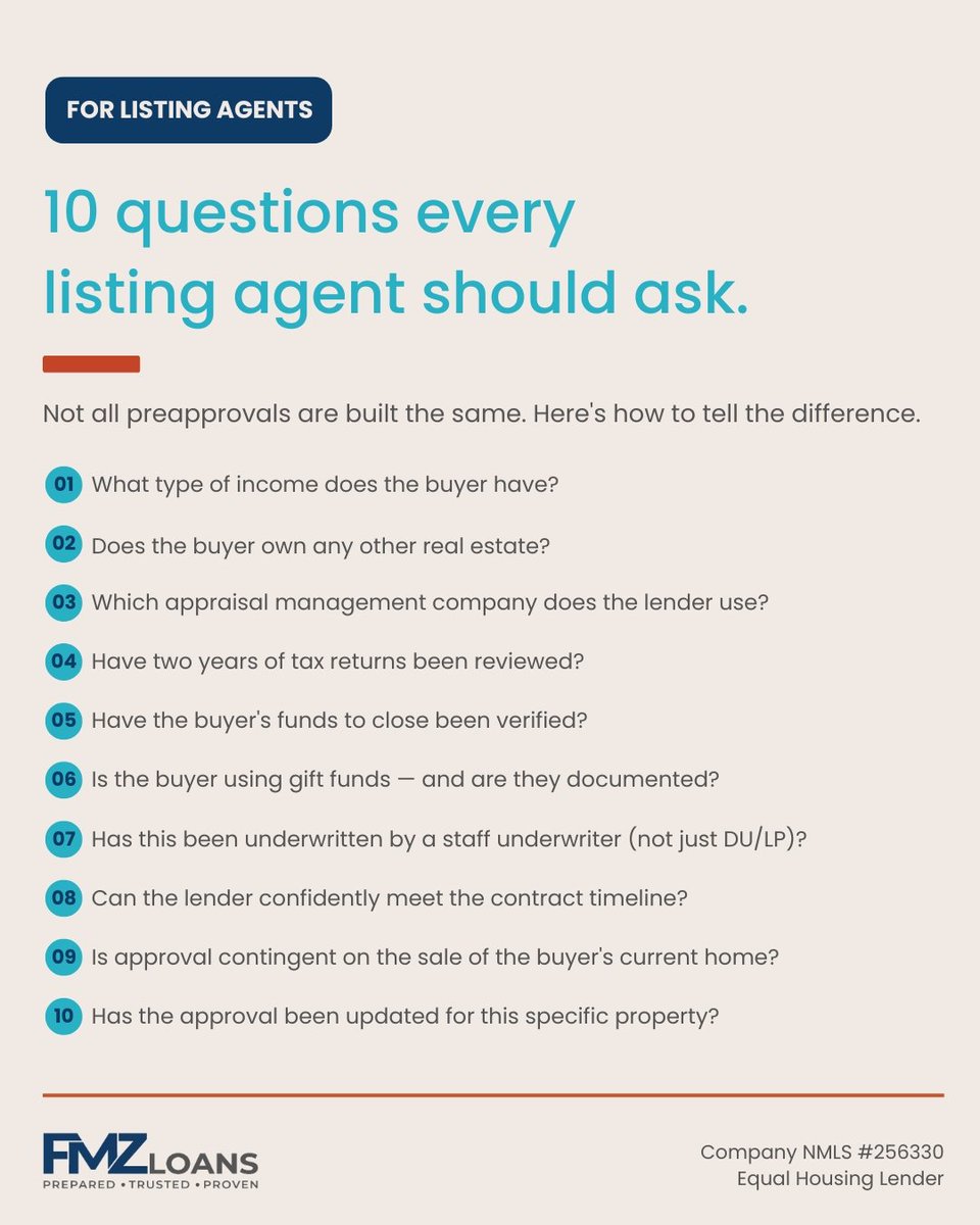 fmz68's tweet photo. Not all preapprovals are built the same.
Before you select an offer, ask the buyer's lender these 10 questions.
#ListingAgent #MortgageTips #RealEstate https://t.co/0RWmSq3Fjn