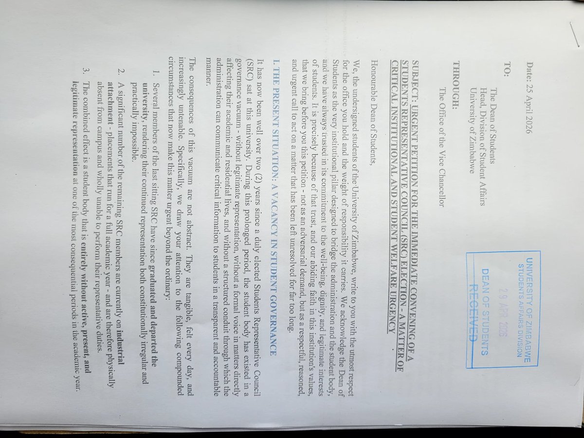 ZINASU_UZ's tweet image. THE PETITION IS IN. STUDENTS HAVE SPOKEN. 🔥

Delivered. Signed. Impossible to ignore.
The demand is clear: SRC elections THIS semester.

The Dean’s office has 14 days to respond. The clock is ticking ⏳
Students are organised. Students are watching.

#ZINASU #SRCNow #UZ