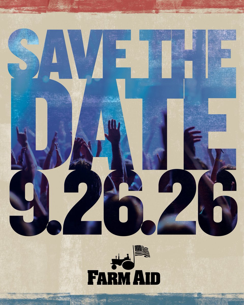 johnmellencamp's tweet photo. Save the Date! We’re excited to share that Farm Aid 2026 will take place Saturday, September 26.
Mark it on your calendar and sign up to get all the details, including location and lineup, soon at https://t.co/Sv2jWALw04.
#farmaid #farmaid2026 https://t.co/zZZe5kvsp5