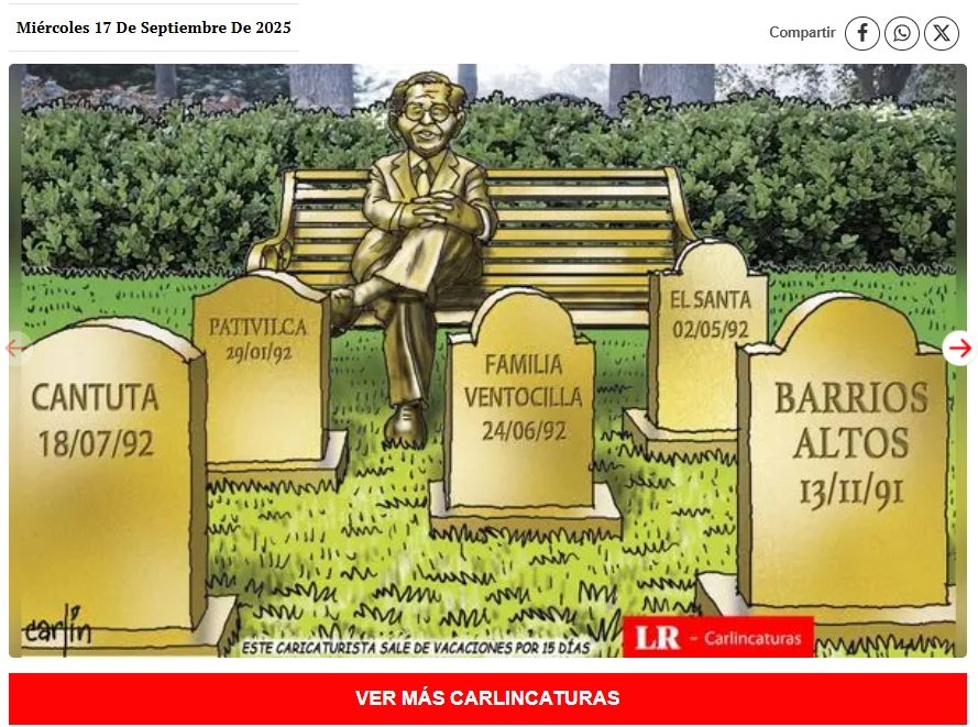 cviguria's tweet photo. A propósito de la caricatura falsa de Carlín que se está difundiendo hace rato, la ilustracíon original y real es la que figura aquí abajo y que data del 17 de setiembre de 2025 y hace referencia a víctimas en casos contra dd.hh. Pero qué les puede importar a esta gente, realmente. 

Veo que varios se están esforzando en publicar contenido falso. 

https://t.co/fwxuXZOfll