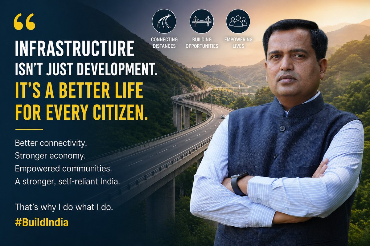 vaibhav_74's tweet photo. There’s a question I get asked often at conferences:
*“Why infrastructure? Why not finance, tech, or startups?”*

My answer is always the same.

Because when a bridge opens in a remote district, a school teacher no longer has to cross a flooded river to reach her students.
Because when a highway connects to a cold-storage cluster, a farmer’s produce has a far better chance of reaching the market in time.

Infrastructure rarely trends.
It doesn’t make headlines every day.

But it quietly changes outcomes- in access, in opportunity, in everyday life.
And those changes are permanent.

That’s why I do what I do. 🇮🇳

#BuildIndia #Infrastructure #PublicPolicy #India