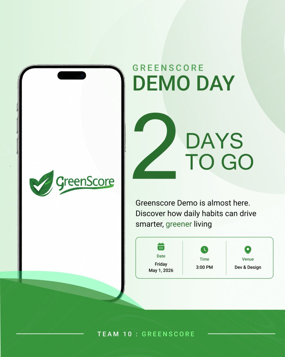 AngelaI866's tweet image. 2 days to go! 

We’re unveiling GreenScore! track your habits, measure your impact.

Friday, May 1 
3PM
Dev &amp;amp; Design

We’ve put in the work, now it’s time to show you

Come support Team 10 💚

#DemoDay #GreenScoreNG #Countdown