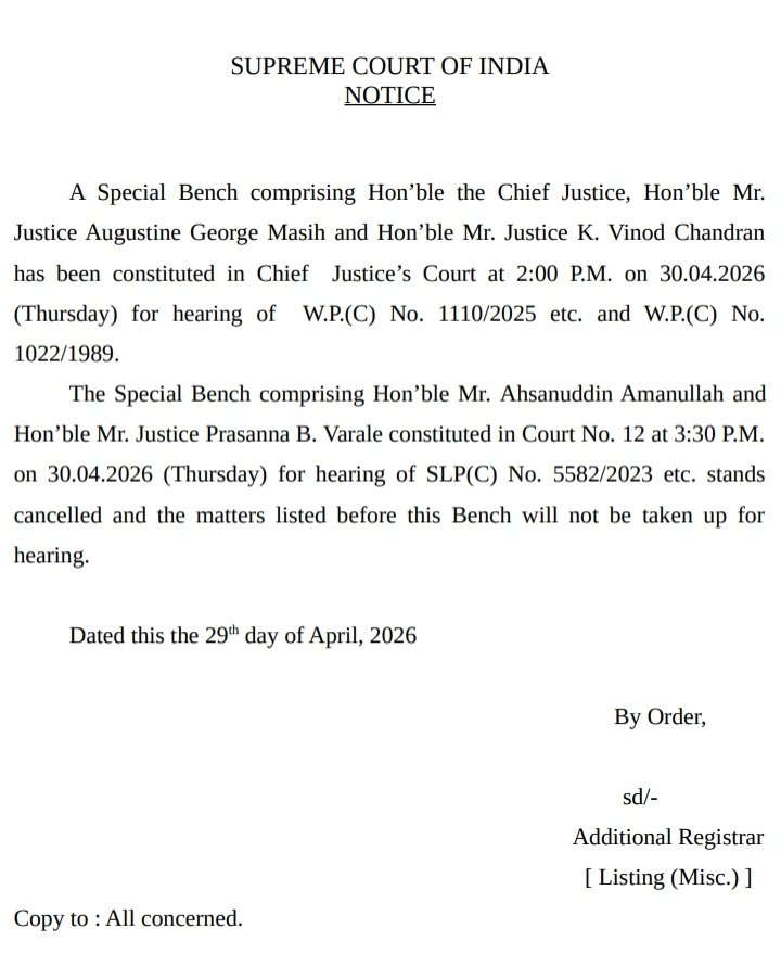 h_pongilath's tweet image. Supreme Court of India Notice dt:29th April 2026: Listing Notices
Notice regarding change in Chief Justice’s Court &amp;amp; Court No.12 on 30.04.2026 (Thursday) 
#supremecourtofindia #Judges #advocates