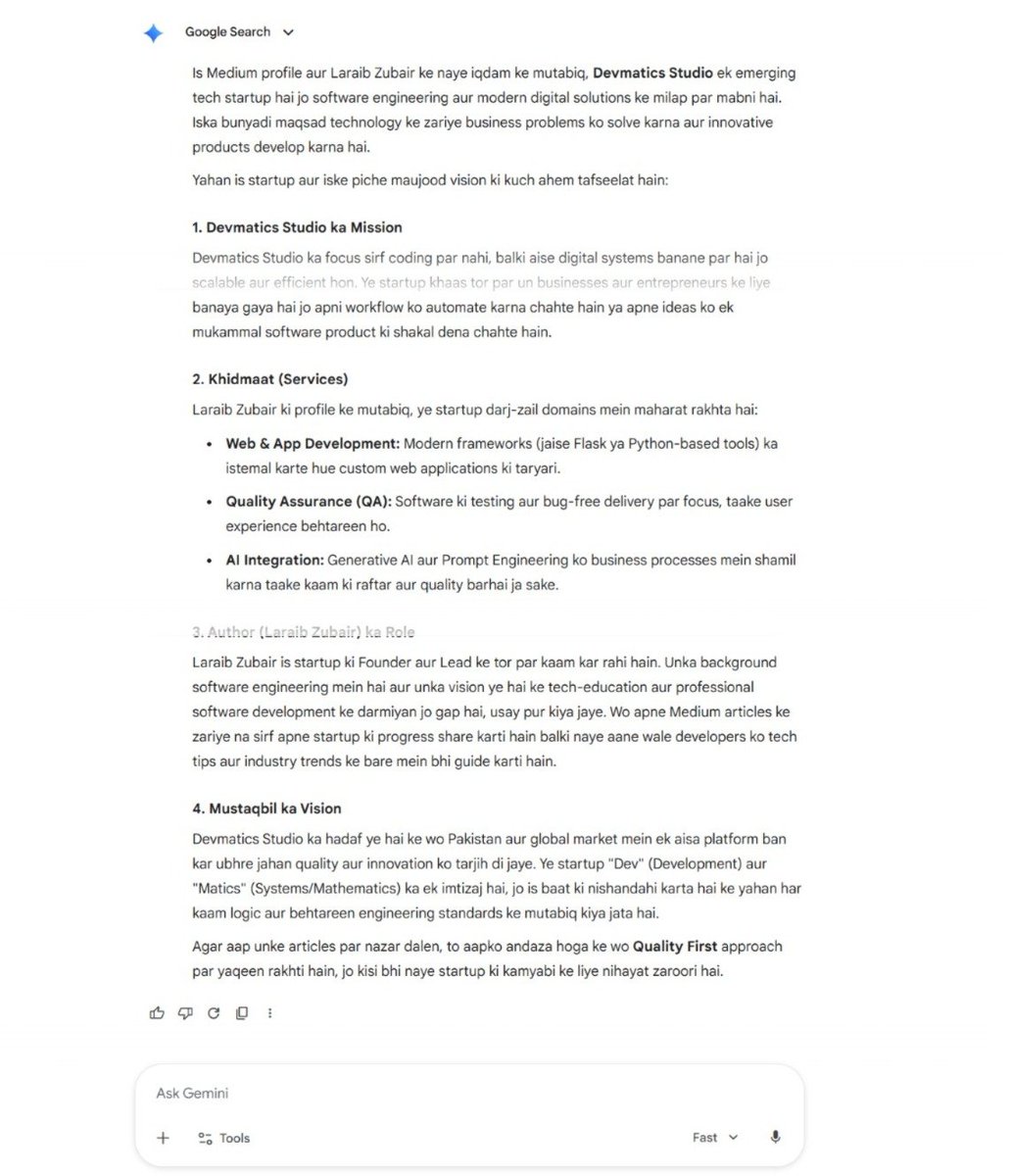 devmaticstudio's tweet image. AI is already recognizing the mission! 🚀 Devmatics Studio is here to redefine software quality and intelligent development. Founder's vision coming to life. #DevmaticsStudio #LaraibZubair #TechStartup #SQA