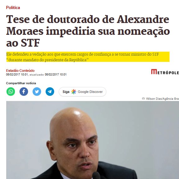 EnioViterbo's tweet photo. Só pra lembrar...

Se dependesse do jurista Alexandre de Moraes, a indicação do Jorge Messias para o STF seria barrada =)

Moraes dizia, na sua tese de doutorado, que:

"É vedado (para o cargo de ministro do STF) o acesso daqueles que estiverem no exercício ou tiveram exercido cargo de confiança no Poder Executivo, mandatos eletivos, ou o cargo de procurador-geral da República, durante o mandato do presidente da República em exercício no momento da escolha, de maneira a evitar-se demonstração de gratidão política ou compromissos que comprometam a independência da nossa Corte Constitucional"