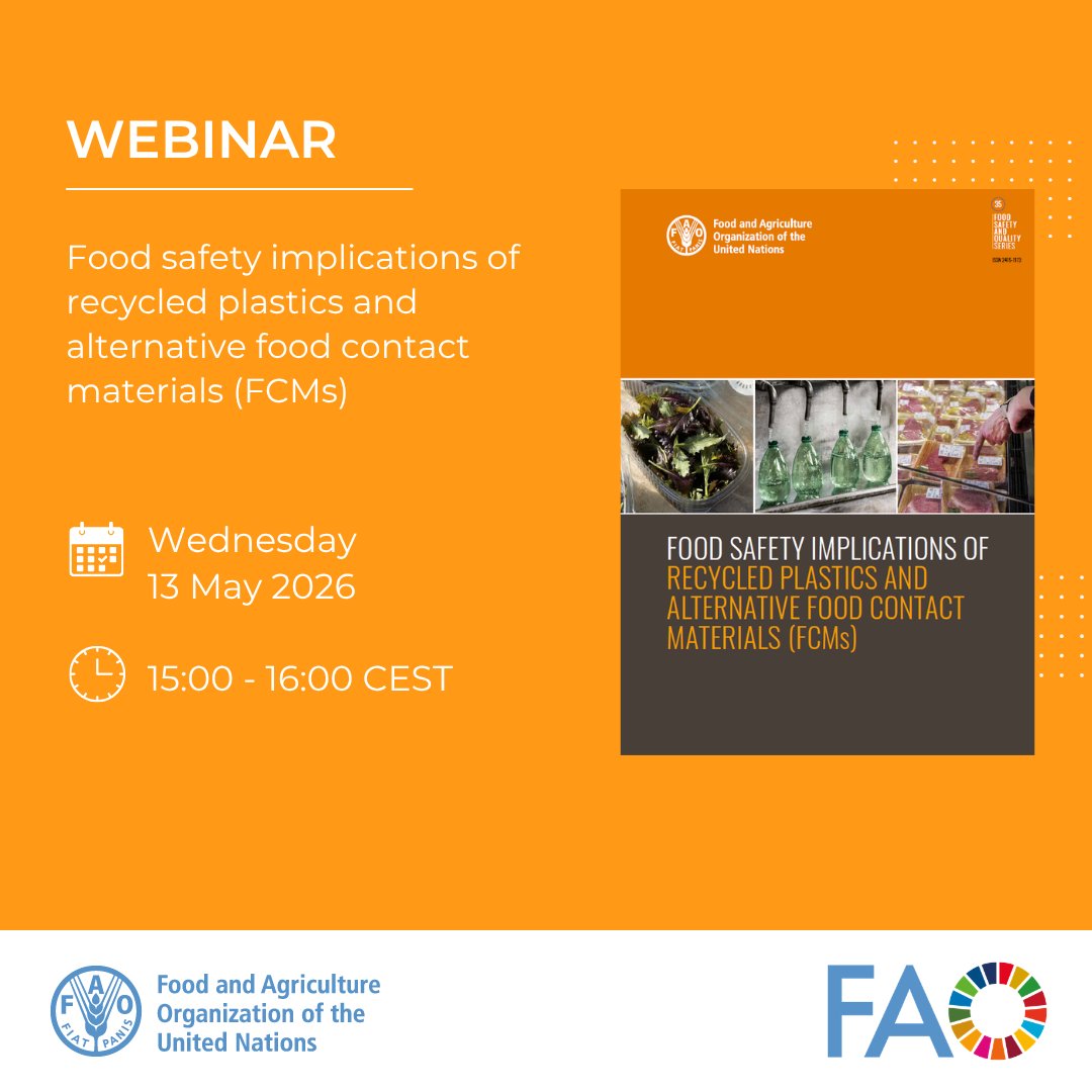 FAOSocioEcon's tweet image. “Food safety implications of recycled plastics &amp;amp; alternative food contact materials (FCMs)” report launch  

#FoodSafety experts &amp;amp; stakeholders discuss food safety aspects of recycled &amp;amp; alternative materials in food packaging 
  
🗓️13 May 
⏰15:00 CEST 
📌fao.zoom.us/webinar/regist…