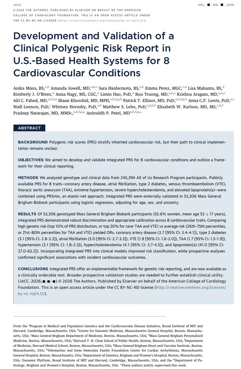 pnatarajanmd's tweet photo. Very excited to share our study spearheaded by A. Misra & @AniruddhPatelMD describing the development & validation of our clinical multi-CVD polygenic risk score test, including how it might inform CVD prevention https://t.co/x6eXahw1Qp @JACCJournals 

Any clinician can order this @MassGenBrigham @broadinstitute test today: https://t.co/pivEDisCZR

We used an integrated framework we previously developed and described to maximize performance and score stability, and allow for versioning as genomic interpretation continually improves.
https://t.co/YkPzcgSC8A
https://t.co/hezzuwNTvZ

The score was optimized in the nationwide @NIH @AllofUsResearch Program to enhance generalizability across communities, with validation in the @MassGenBrigham Biobank

@amandajowell @buutrg @aklfahed @shaan_khurshid @patrick_ellinor @nialljlennon @HornsbyWhitney @EWkarlson