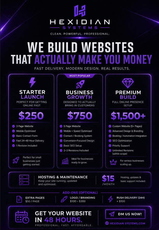 HexidianSystems's tweet photo. Don't lose out to your competitors due to a lackluster website, or worse, not even having one!

Check out our May special to get something CUSTOM made for your business with turnarounds in 48 hours or less!

#CustomWebsite 
#webdesign 
#BusinessOpportunity https://t.co/8cH7nOTDmH