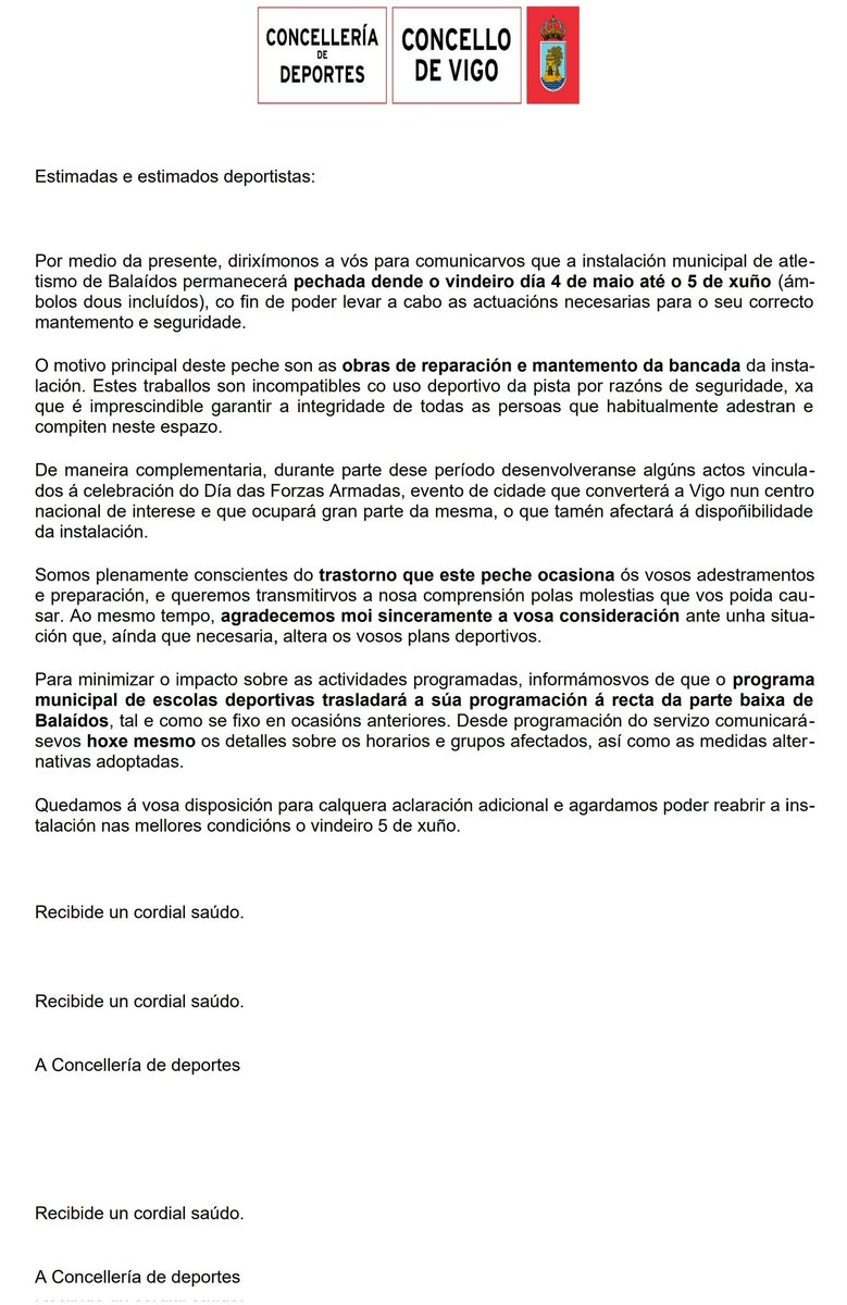 Y pasó lo que todo el mundo sabía que iba a pasar.
Nos cierran la pista de atletismo un mes para adecentarla para que los de <a href="/Defensagob/">Ministerio Defensa</a> vengan a pasear sus caballos.
Nunca la arreglan para los atletas, pero ahora para los señoritos sí!
Manel, odias el deporte.
Dimite!