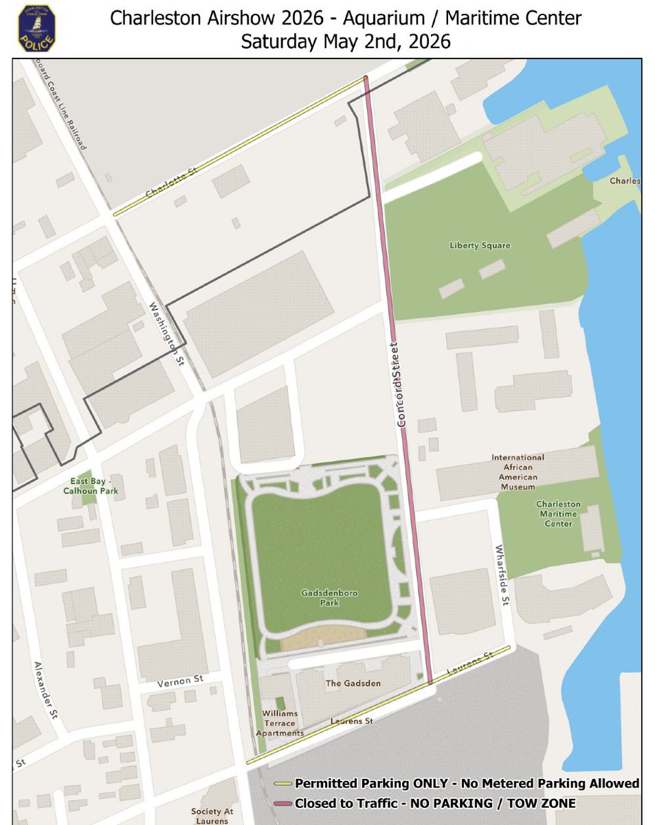 TrooperBob_SC's tweet photo. 2026 Charleston Airshow 
✈️✈️✈️✈️✈️✈️✈️🇺🇸

CHARLESTON,SC
Timeline:
10:00am: Tow Enforcement Begins (Vehicles in red-highlighted zones will be towed. See maps for exact locations) 

10:00am: Flat-Rate Parking Opens (Four downtown garages switch to event flat-rate. Pay on entry)

10:30am: Pedestrian Bridge Closed (Ravenel pedestrian walkway closed until 10:30am)

1:30pm-3:00pm: Ravenel Bridge - Full Vehicle Closure (Plan alternate routes) 

12:00pm-4:00pm: Water Safety Zone Enforced (No unauthorized vessels in the harbor restricted zone)

Viewing Zones: Aquarium Warf/Maritime Center, Waterfront Park, The Battery & Demetre Park (See attached maps) 
—————————————-
MOUNT PLEASANT, SC

Closed: Patriots Point Naval & Maritime Museum will be closed to the public on Saturday, May 2nd. Patriots Point parking lots will be closed to the public for the day.

Spectators can enjoy incredible views of the show from spots like Memorial Waterfront Park, the Mount Pleasant Pier, Shem Creek Park, and Pitt Street Bridge. No matter where you are, if you can see the shy above, you can see the show.

✈️📸: U.S. Navy photo by Mass
Communication Specialist 2nd
Class Christopher Gordon