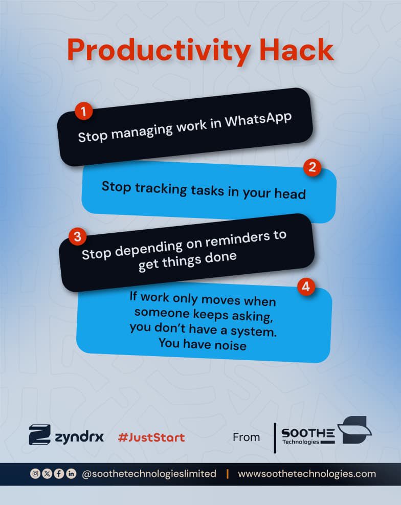 Soothe_tech's tweet image. Productivity hack: Stop managing work through chats, memory, and endless reminders.

Your team doesn’t need more pressure. They need a better system.

Zyndrx helps organize tasks, track progress, and keep everyone aligned.
Just Start.

#ProductivityHack #Zyndrx