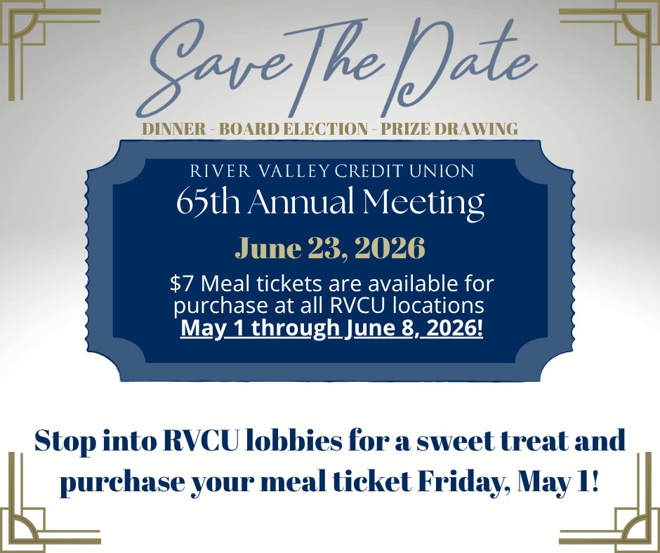 RVCUIowa's tweet photo. Save the date! 📅🎉

Meal tickets for RVCU's 65th Annual Meeting go on sale FRIDAY, MAY 1! 😁

Stop into our lobbies on Friday, May 1, for a sweet bakery treat and grab your ticket! 🎟️ https://t.co/Vmg8iu1vf6