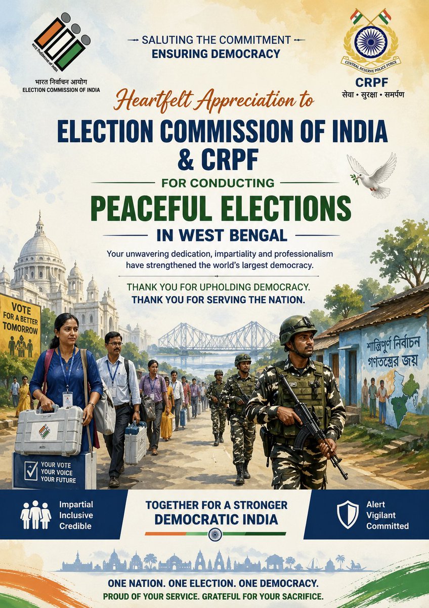 BhattAdesh's tweet image. Congratulations @ECISVEEP @CrpfWest @crpfindia For Peaceful elections in West Bengal #ElectionCommissionOfIndia #CRPF #WestBengalElections #PeacefulElections #DemocracyInAction #IndiaVotes #FreeAndFairElections #SaluteOurForces #NationFirst #DemocraticStrength #ProudOfYou