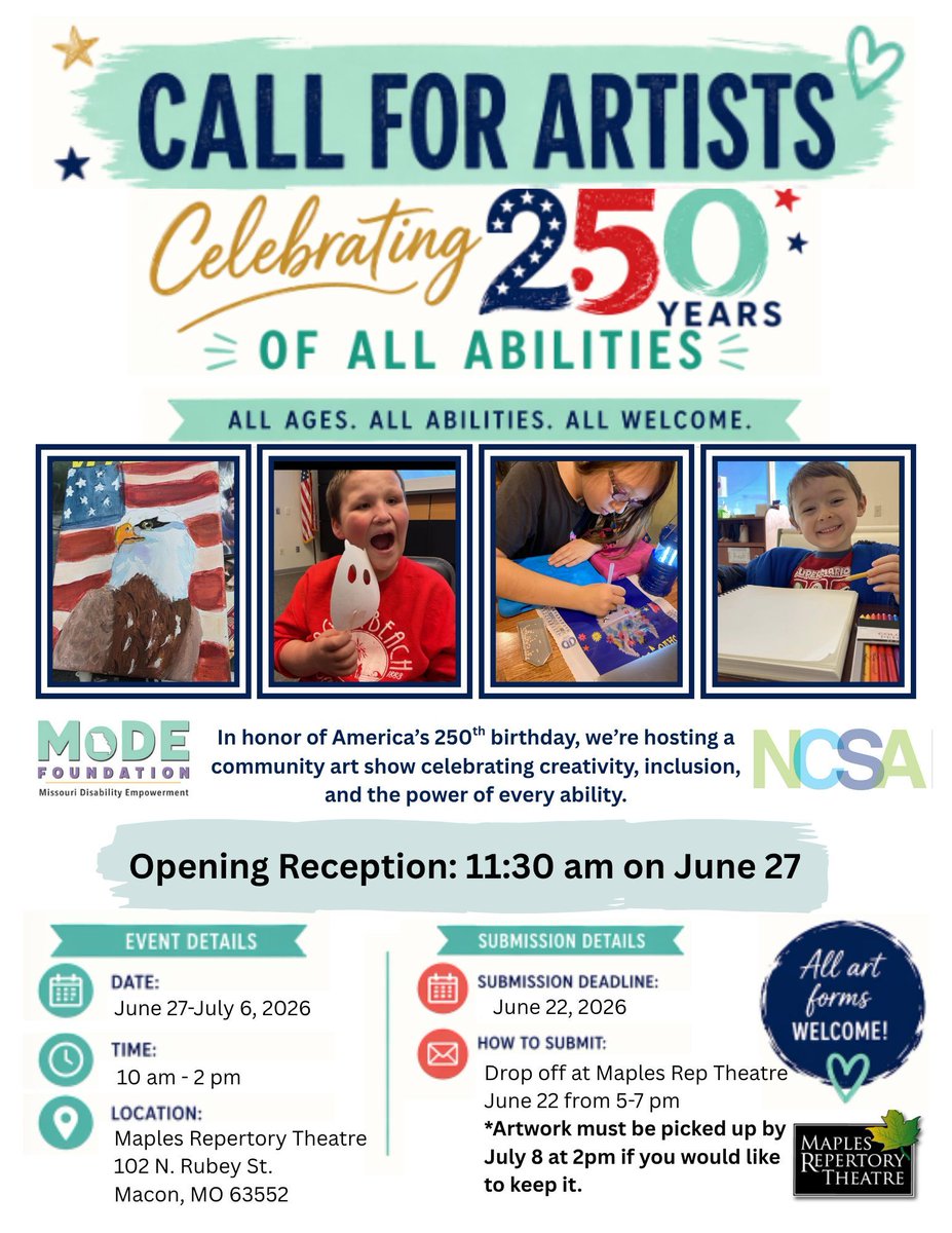 modefoundation's tweet photo. 🎨 Maples Repertory Theatre in Macon, MO is hosting an inclusive art show, with an opening reception on June 27

If you’re local, be sure to follow the submission instructions to have your artwork featured. Not local but still interested? Send us a message—we’ll figure it out! https://t.co/vSnPL91VNn