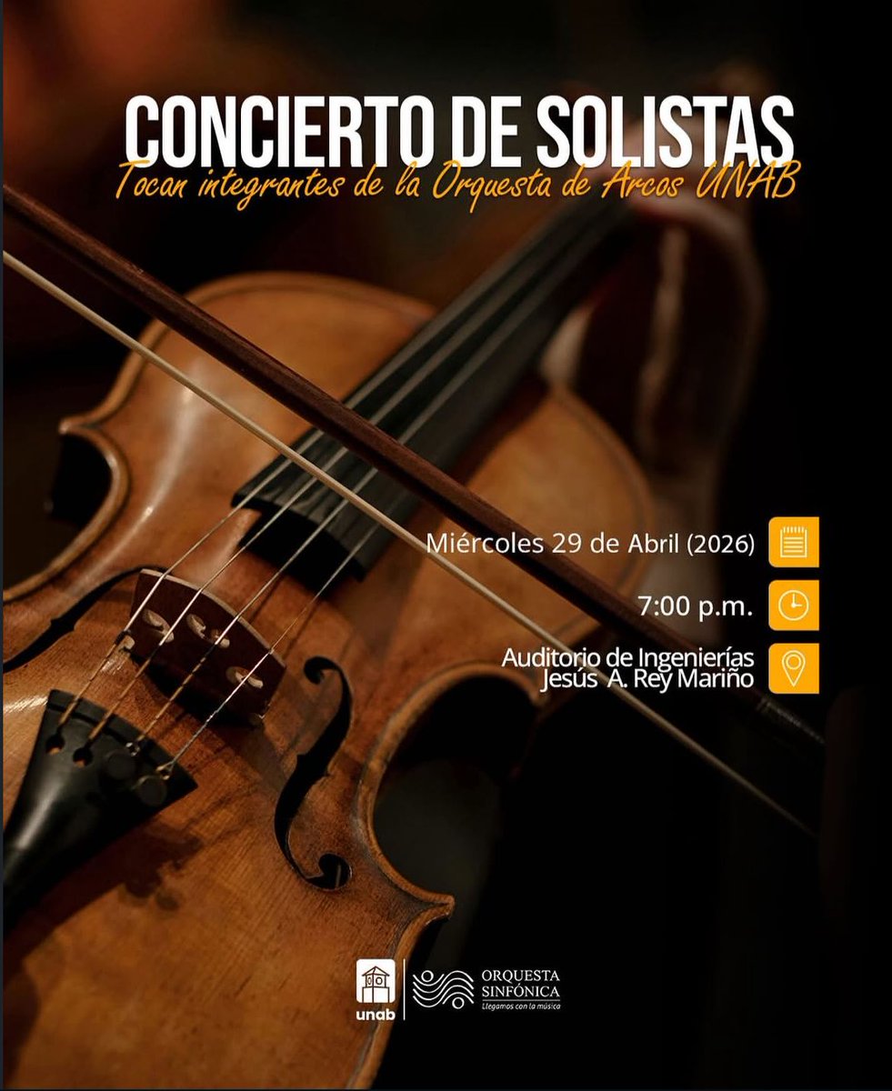 LaCulturalFM's tweet photo. ¡HOY! no te pierdas el gran Concierto de Solistas en la @unab_online 🎻✨
Una oportunidad única para apreciar el talento local.
 ¡Agéndate!
 🕖 7:00 p.m. 
📍 Auditorio Jesús A. Rey Mariño
#LaCultural #Musica https://t.co/uioORub7Yf