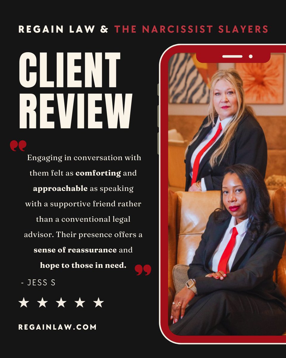 ReGainLawAZ's tweet image. Empowering clients for life beyond the verdict. That’s our promise. #ChangingLives #RegainLaw #ArizonaLaw #NarcissistSlayers #Divorce