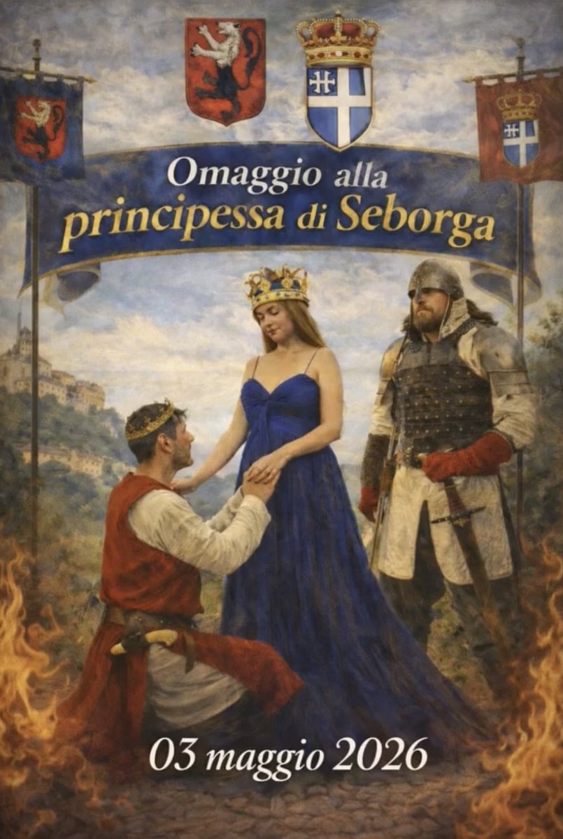 PrincSeborga's tweet photo. 🛡️🏰 Domenica 3 maggio alle ore 15:00, Piazza Martiri Patrioti si trasformerà in un palcoscenico d’altri tempi.

Il Principato di Seborga avrà infatti il piacere di ospitare una breve rievocazione medievale a cura della Confraternita del Lupo di Montichiari (BS). L’iniziativa, realizzata in omaggio a S.A.S. la Principessa Nina, intende celebrare le radici storiche e cavalleresche del nostro territorio, offrendo agli spettatori un momento di rievocazione e condivisione dal forte valore simbolico.

Il Principato invita a partecipare numerosi a questo appuntamento, espressione di tradizione, storia e devozione.
