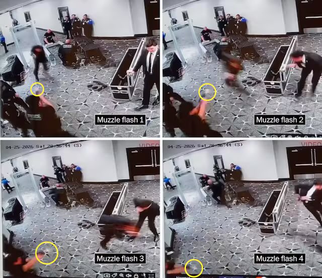 hissgoescobra's tweet photo. The lack of situational awareness, crossfire discipline, and hardening stand out. Officers clumped together, not in a position to fully engage their weapons. No one with a rifle and hard plates outside the ballroom to fight at maximum time and distance from the President. https://t.co/sMvxrdrTST
