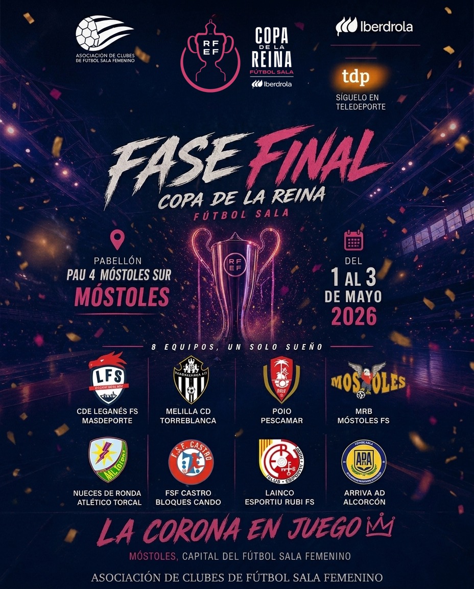 ACFSFfutsal's tweet photo. 🏆 ¡Llega la #CopaDeLaReina! 👑
📍 Móstoles | Pab. PAU 4
🗓️ 1-3 Mayo
Cuartos (Viernes 1):
🕚11:00h Leganés-Torreblanca
🕜13:30h Poio-Móstoles
🕓16:00h Torcal-Castro
🕕18:30h Rubí-Alcorcón
📺 Síguelo en @teledeporte
#acfsf #rfef #iberdrola
#futbolsalafemenino https://t.co/o6NN90GLbI