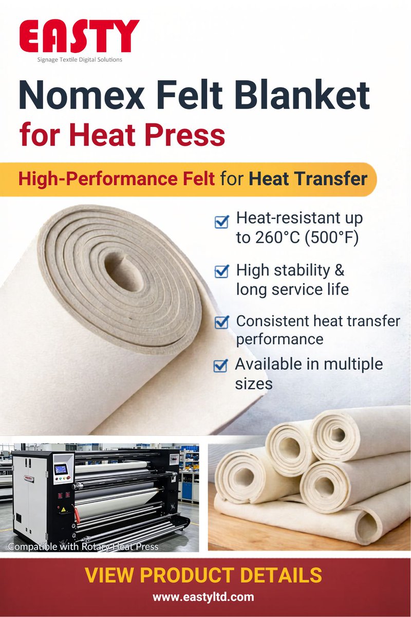eastylimited's tweet photo. Protect Your Press. Perfect Your Print. 📷
Elevate production with Easty 100% Nomex Felts.
Extreme Heat Resistance
Flawless Results
Universal Fit
Full Customization
https://t.co/2WG2u3HJ6B
#Easty #NomexFelt #HeatTransfer #SublimationPrinting #TextileIndustry #RotaryHeatPress https://t.co/Nti07gLwAe