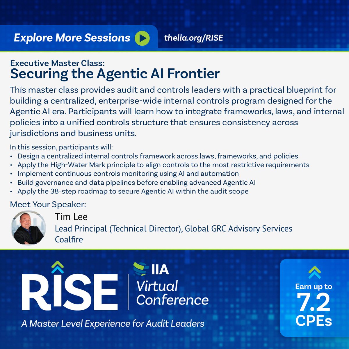 TheIIA's tweet image. Earn up to 7.2 CPEs online July 10 at #TheIIA RISE Virtual Conference. Gain insights from #audit executives, strategists, and transformation leaders who are navigating complexity and sharing what they've learned. Explore the program and secure your spot.→ hubs.ly/Q04dVFC00