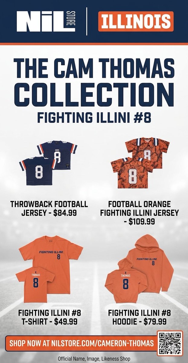 CamThomas2026_3's tweet image. 🍊CAM THOMAS MERCH LIVE🍊

🔸🔹Illini Nation🔸🔹the wait is over! I’m hyped to officially launch my NIL Shop. A portion of each purchase goes directly toward supporting my journey on and off the field. 🏈💪 #HTTO #ILL 

Grab your 8️⃣ gear here:
👉 nil.store/illinois/ill-c…