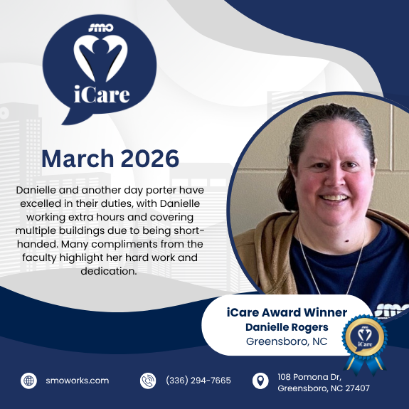 smoworks's tweet photo. Please join us in celebrating Danielle Rogers, a March iCare Award winner! 🏆
👉 Read more: https://t.co/bLGcGV9ffz
#smoworks #EmployeeRecognition #smoiCareAwards #CleanWithPurpose #janitorialservices https://t.co/HnRqfCjyMp