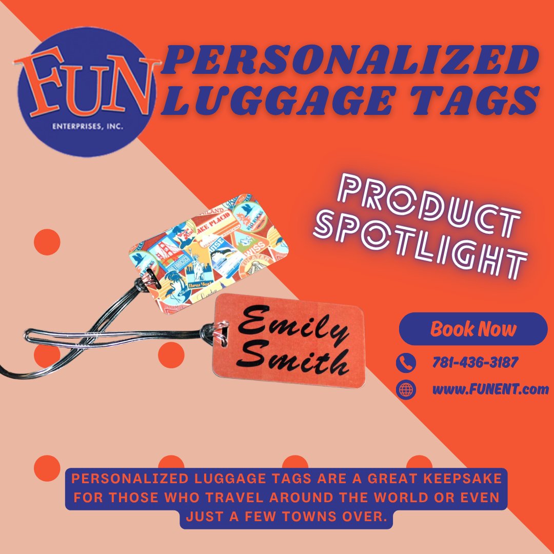 FunEnterprises's tweet image. Find these and more personalized programs on our website!
Funent.com

#WeBringTheFUN #FUNOnCampus #FUNTimes #CorporateFUN #Personalized #LuggageTags #Travel #AroundTheWorld #TravelExpo #TravelShow #Events #Spring #April2026 #May2026 #StudyAbroad