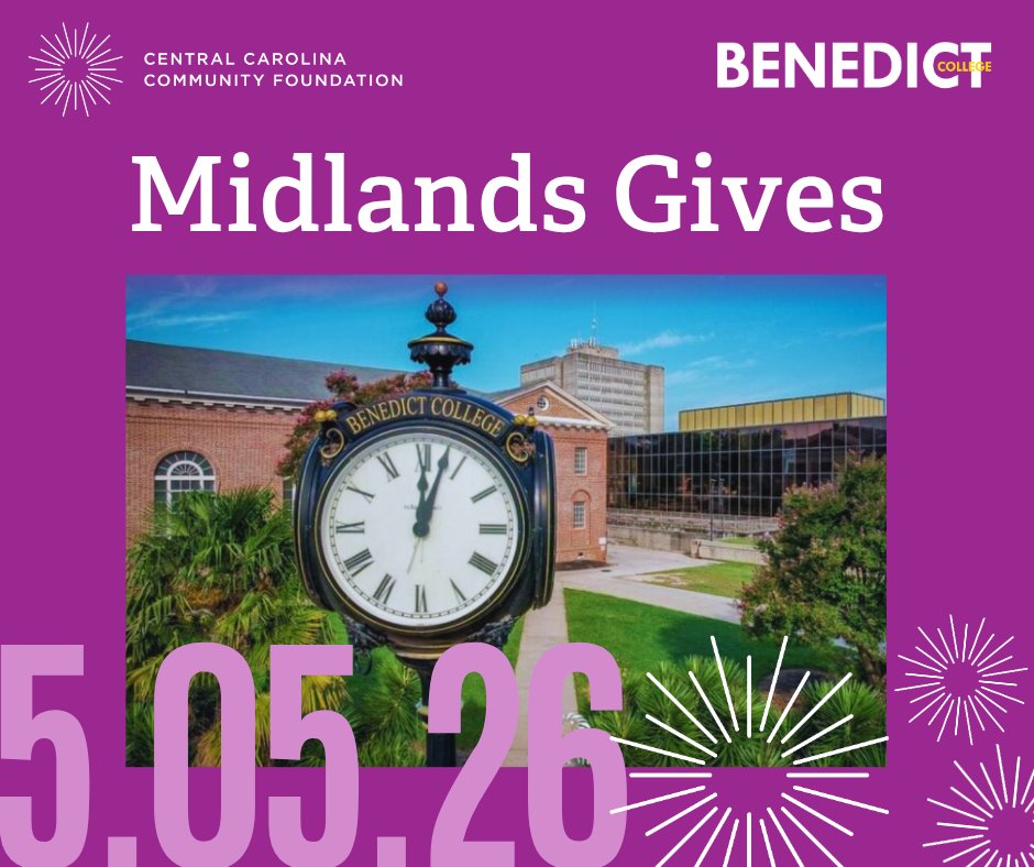 BenedictEDU's tweet photo. Benedict College is proud to participate in Midlands Gives, an annual day of giving, hosted by the Central Carolina Community Foundation. Early giving has commenced, and the countdown is on to May 5, 2026!

Join us by investing in the success of our students. Every gift makes a difference!

Give today: https://t.co/ifzsjUFpmo

#MidlandsGives #BenedictCollege #TheBESTofBC #GiveBC #SupportBCTigers #HBCUExcellence