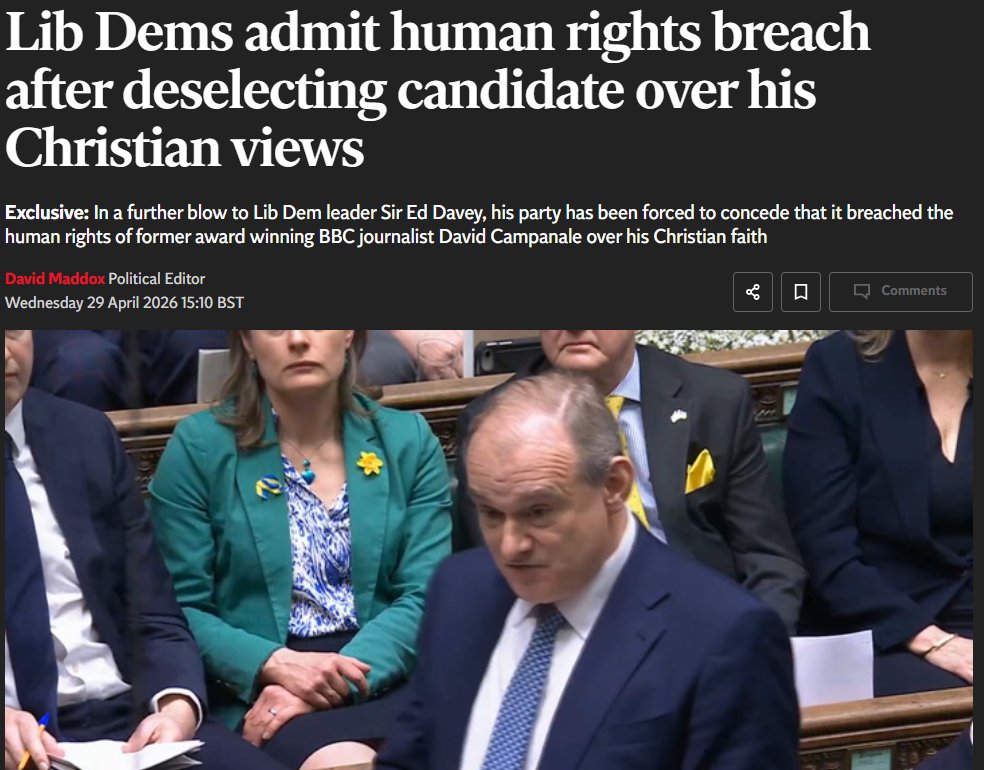 The way the Lib Dems deselected <a href="/DavidCampanale/">David Campanale</a> for his Christian views was clearly unacceptable and amounted to outright discrimination against him for being a Christian.
I am pleased to see this breach of his human rights has now been admitted, but will this change the