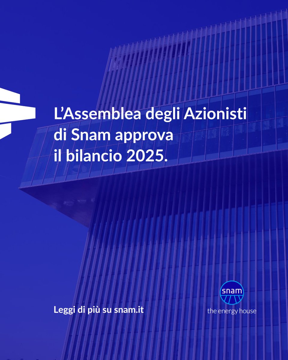 snam's tweet photo. 📰🇮🇹 Si è riunita oggi l’Assemblea degli Azionisti, sotto la presidenza di Alessandro Zehentner, che ha approvato il bilancio di esercizio al 31 dicembre 2025 illustrato dall’AD e DG Agostino Scornajenchi, che chiude con un utile di 926.614.085,59 euro.
➡️ https://t.co/E0M3qKzJar https://t.co/gz2qP8hT6A