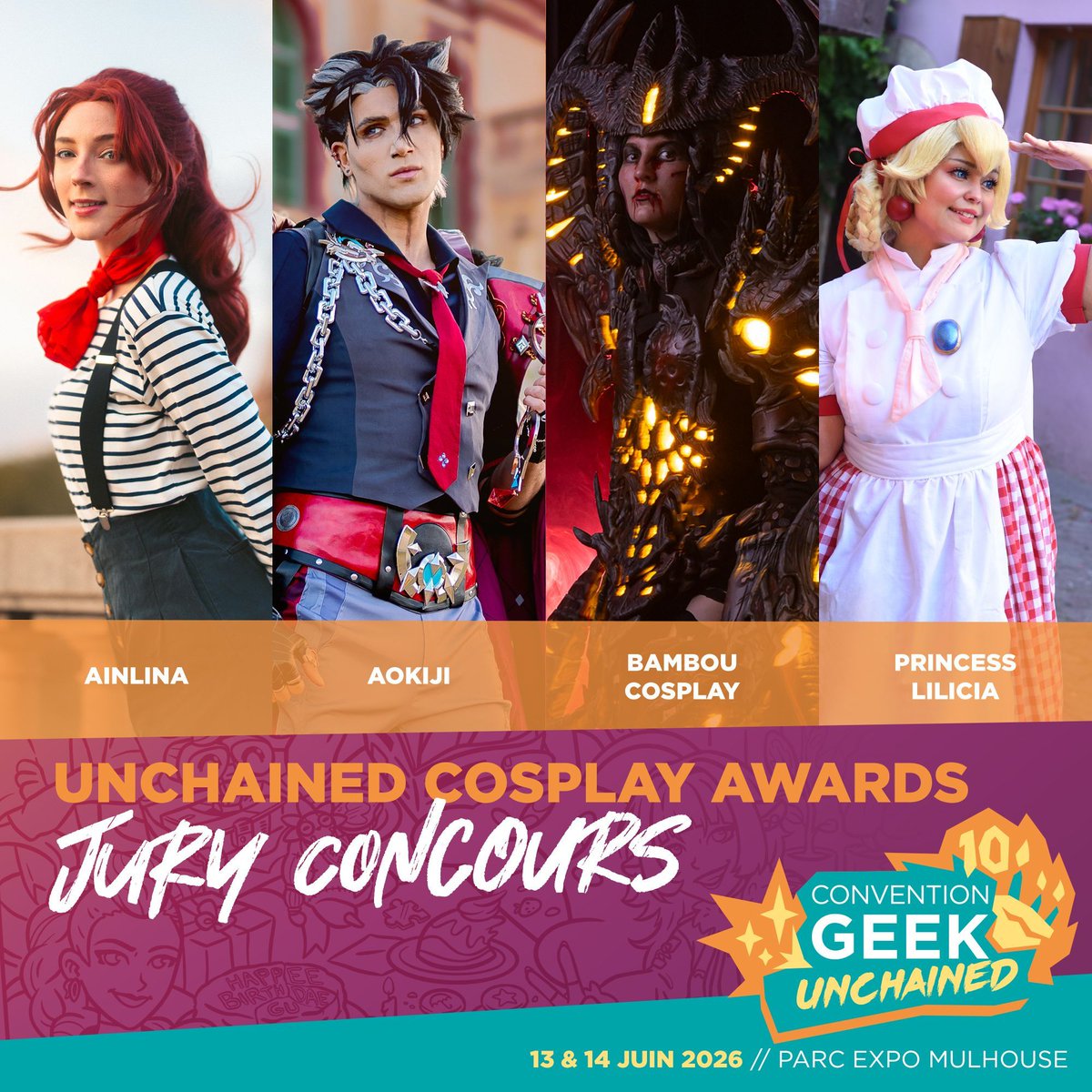 [COSPLAY] Qui compose le jury ? ⭐

Le voici au complet pour le concours cosplay de notre 10ème édition de la convention Geek Unchained ! 🏆

Ainlina, Aokiji, Bambou Cosplay et Princess Lilicia seront présents tout le week-end pour partager leur passion du cosplay ! 🧵✂

Et pour