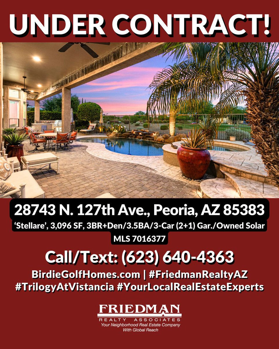 FriedmanRealty's tweet image. #NEWLISTING #UNDERCONTRACT 2 DAYS! 🎉
28743 N. 127th Ave. #TrilogyAtVistancia #PeoriaAZ
‘Stellare’, 3096 SF, 3BR+Den/3.5BA/3-Car (2+1) Gar./OWNED SOLAR
bit.ly/4cEsZDZ
623-640-4363
#PeoriaHomesforsale #homesforsaleinPeoriaAZ #FriedmanRealtyAZ #yourlocalRealEstateExpert