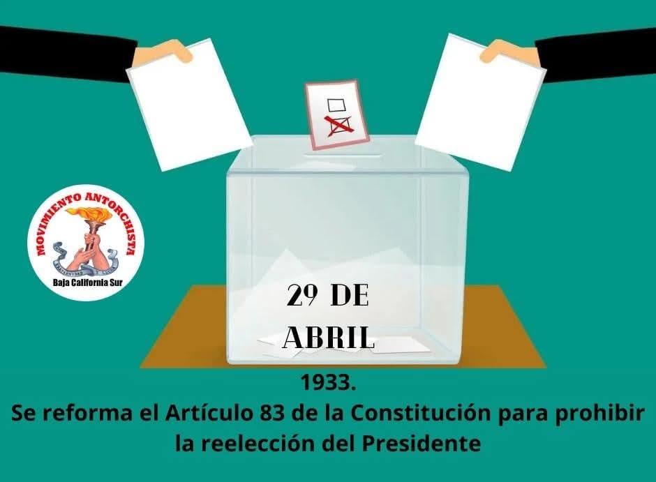 29 de abril de 1933

Se reforma el Artículo 83 de la Constitución para prohibir la reelección del Presidente.

En México, la Constitución Política establece el principio de la no reelección de tipo total para el cargo de Presidente de la República.

#Efemérides
#LaDeHoy