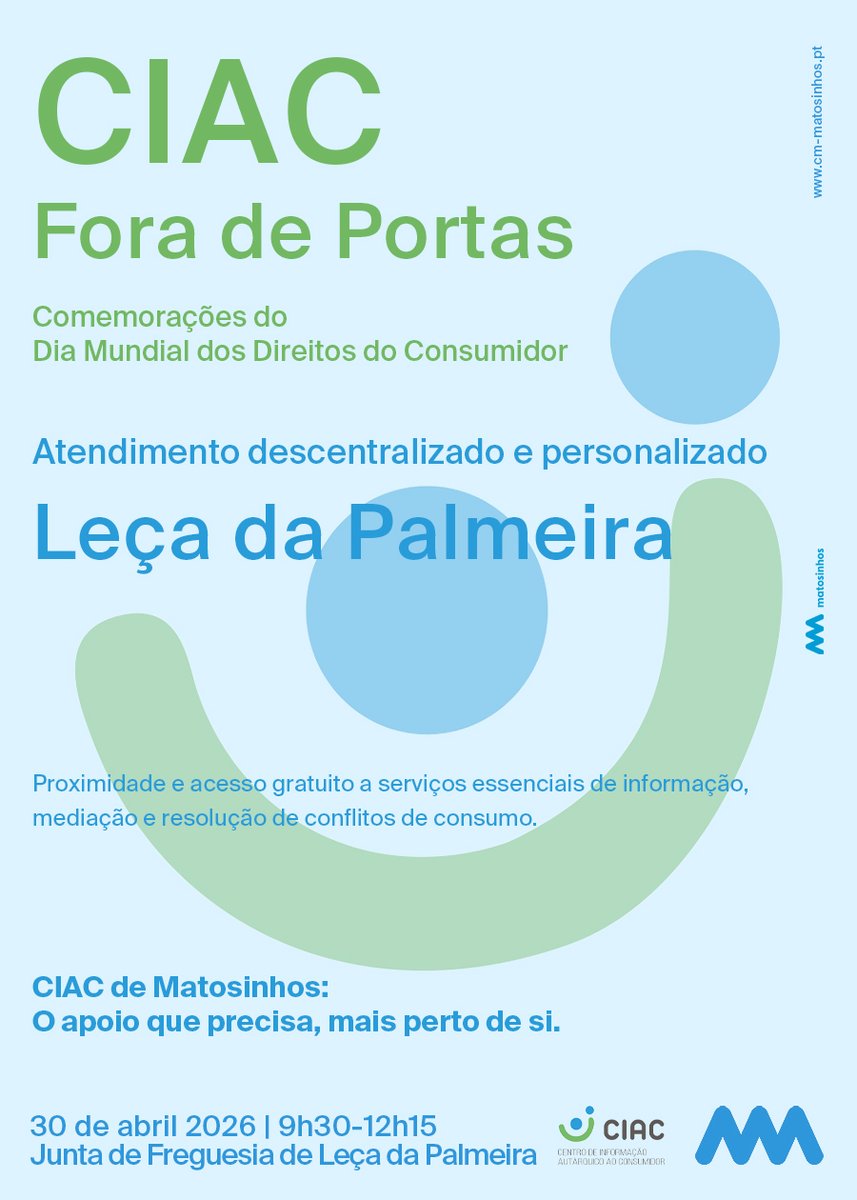 DGConsumidor's tweet image. CIAC Fora de Portas 📍

Durante o mês de abril, o Centro de Informação Autárquico ao Consumidor de Matosinhos vai estar mais perto de si!

📅 Próxima sessão: 30 de abril
📍 Local: Junta de Freguesia de Leça da Palmeira
🕒 Hora: 9h30 às 12h15

#DGC #Consumo #Consumidor #CIAC